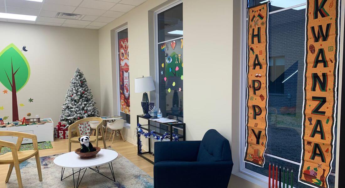 A Hopebridge Autism Therapy Center decorated for Christmas, Chinese New Year, Hanukkah, and Kwanza